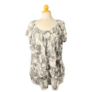 Scoop Neck Short Sleeve Floral-Print Blouse - White/Black